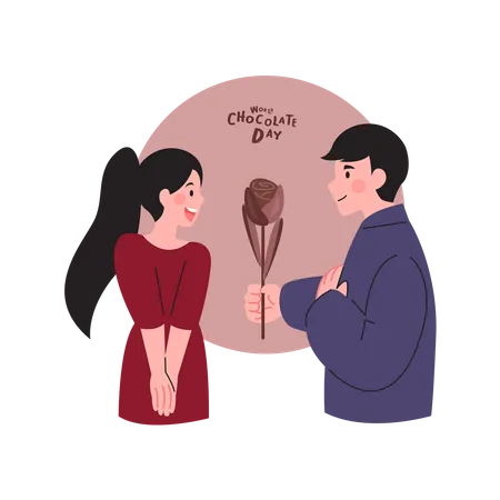 Boy giving chocolate rose to girl  Illustration
