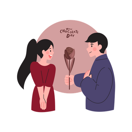 Boy giving chocolate rose to girl  Illustration