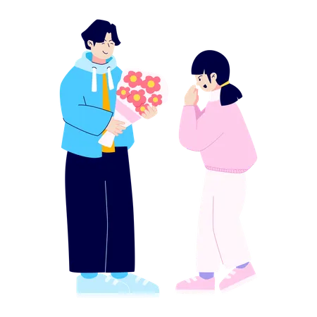 Boy giving flower bouquet  Illustration