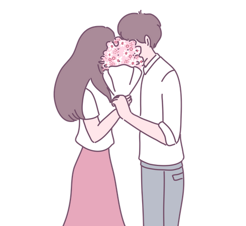 Boy giving flower bouquet to girl  Illustration