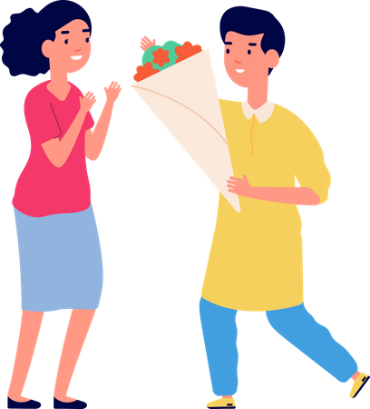 Boy giving flower bouquet to girlfriend Illustration