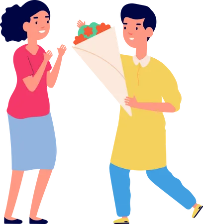 Boy giving flower bouquet to girlfriend  Illustration