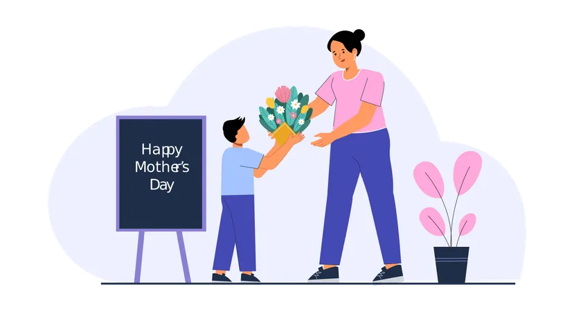 Boy giving flower bouquet to his mother  Illustration