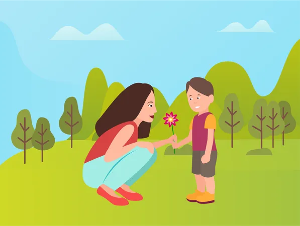 Smiling Boy Giving Present To Mother Vector People In Cartoon Style Little Son And Young Woman Outdoors In Green Park With Trees Spending Time Together At Spring Illustration