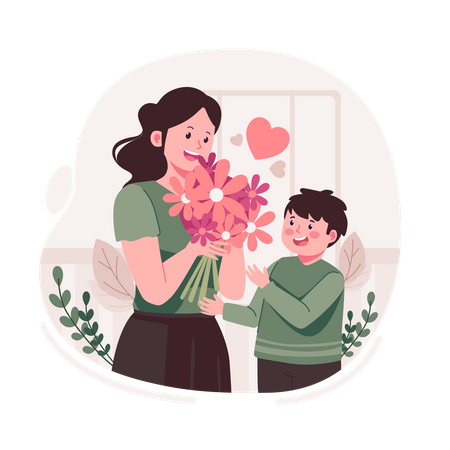 Boy giving flower to mother  Illustration