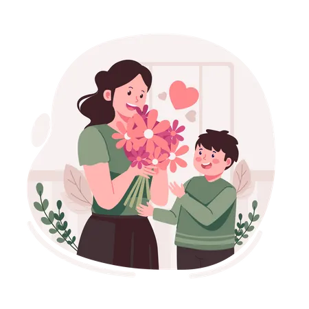 Boy giving flower to mother  Illustration