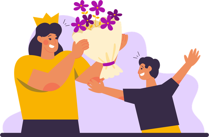 Boy Giving Flowers Bouquet To His Mother  Illustration