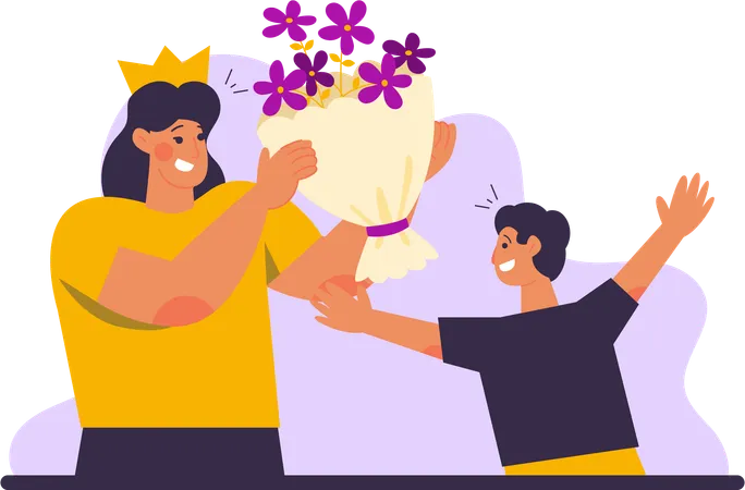 Boy Giving Flowers Bouquet To His Mother  Illustration