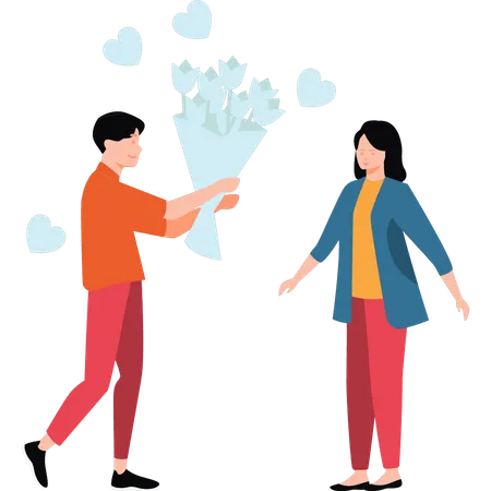 A Boy Is Giving Flowers To A Girl Illustration