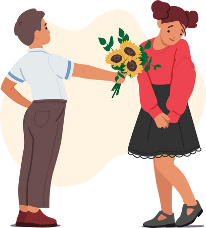 Boy Giving Flowers to Girl Friend  Illustration