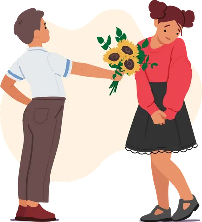 Child Boy Giving Flowers To Girl Friend Little Kid Character Presenting Beautiful Blossoms For Birthday Holiday Celebration Greetings Or Festive Event Cartoon People Vector Illustration イラスト