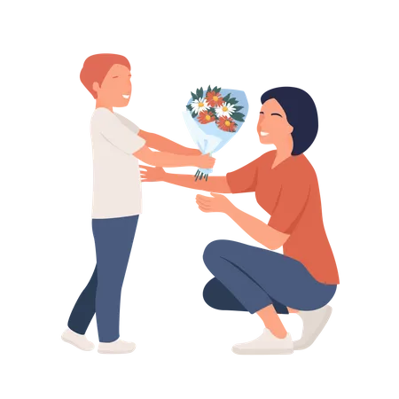 Boy Giving flowers to mom on Mother day Illustration