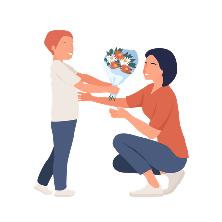 Boy Giving flowers to mom on Mother day  Illustration