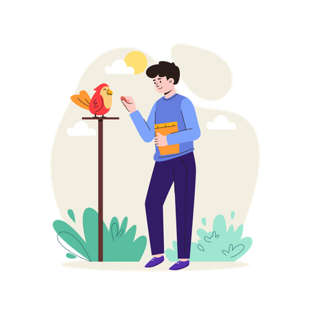 Boy giving food to bird  イラスト