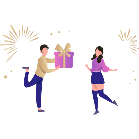 Boy giving gift to girl on new year Illustration