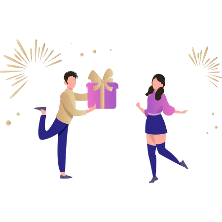 Boy giving gift to girl on new year Illustration