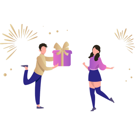 Boy giving gift to girl on new year  Illustration