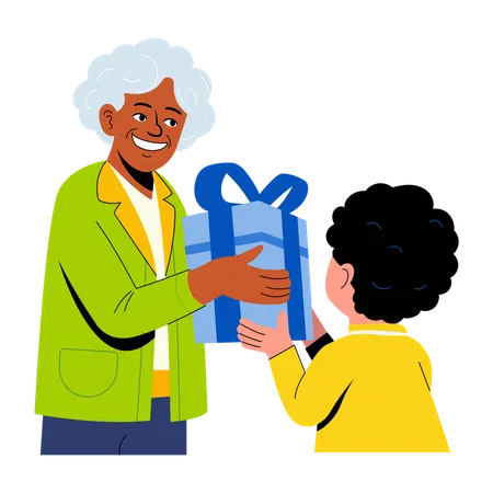 Boy giving gift to grandma  Illustration