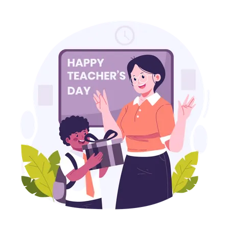 Boy giving gift to teacher on teachers day  Illustration