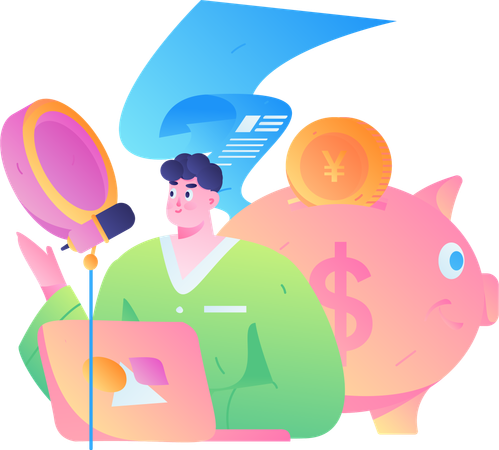 Boy giving information about piggy bank savings  Illustration