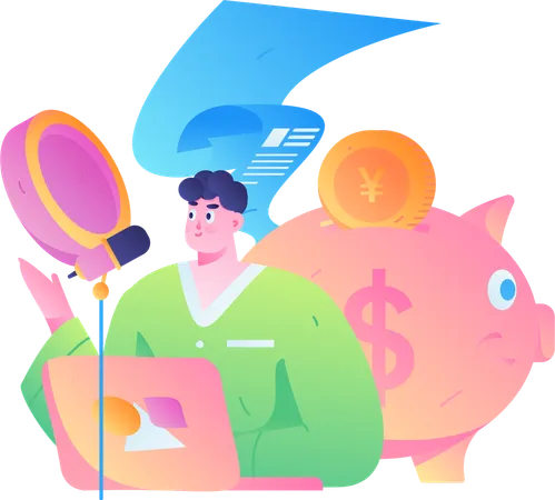 Boy giving information about piggy bank savings  Illustration