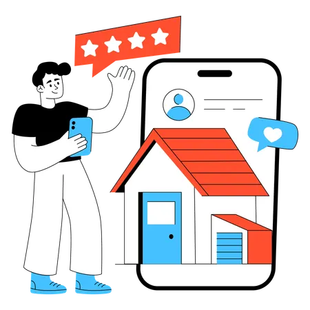 Boy giving Mobile Real Estate review  Illustration