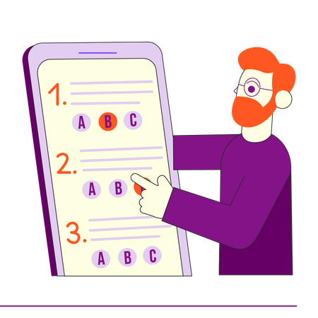 Boy giving online MCQ exam  イラスト