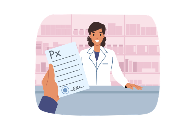 Boy giving prescription form in hand of pharmacist  Illustration