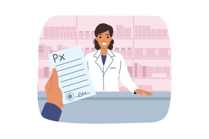 Boy giving prescription form in hand of pharmacist  Illustration