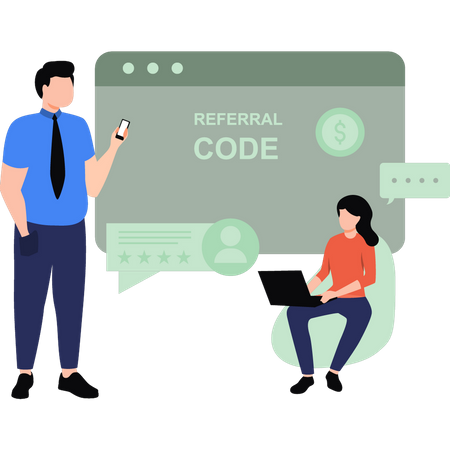 Boy giving referral code to girl  Illustration