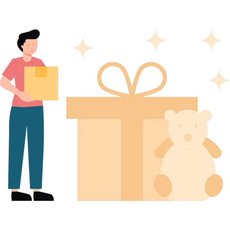 Boy giving teddy bear in gift Illustration