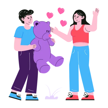 Boy giving teddy bear to girlfriend  Illustration