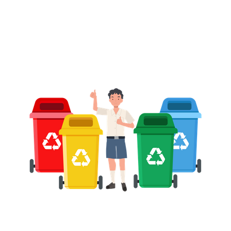 Boy giving thumb up while explaining about color of recycle bin  Illustration