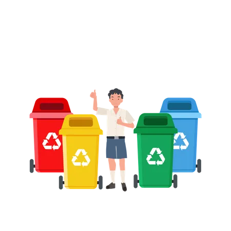 Kids With Recycling Garbage Boy Is Giving Thumb Up While Explaining About The Color Of Recycle Bin Illustration