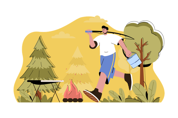 Boy going for fishing and carrying fishing rod Illustration