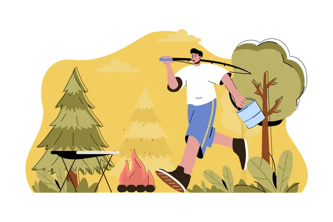 Boy going for fishing and carrying fishing rod  Illustration