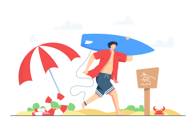 Boy going for surfing at beach Illustration