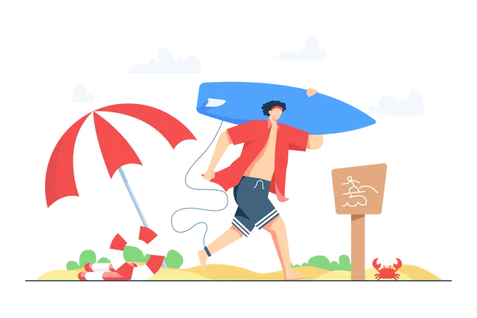 Boy going for surfing at beach Illustration