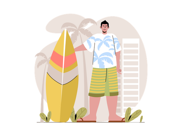 Boy going for surfing at beach  Illustration