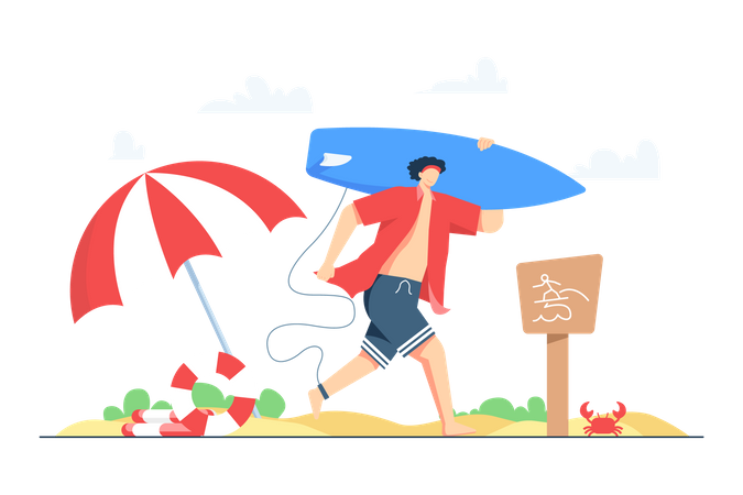 Boy going for surfing at beach  Illustration