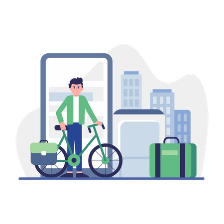 自転車旅行に出かける少年  イラスト