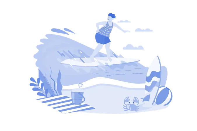 Boy Going Surfing At The Beach  Illustration
