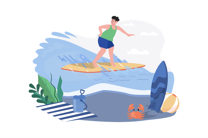 Boy Going Surfing At The Beach Illustration