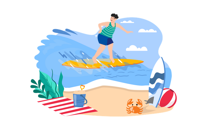 Boy Going Surfing At The Beach  Illustration