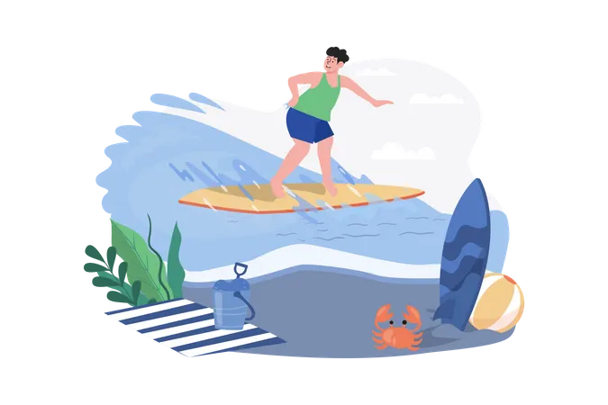 Boy Going Surfing At The Beach  Illustration