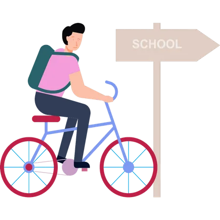 Boy going to school on bicycle  Illustration