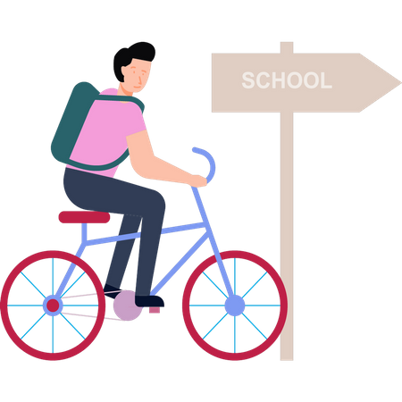 Boy going to school on bicycle  Illustration