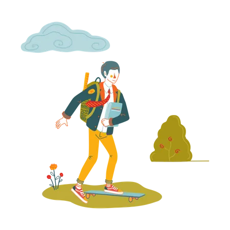 Boy going to school on skateboard Illustration
