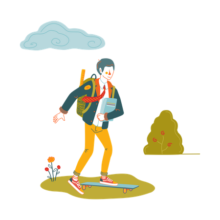 Boy going to school on skateboard  Illustration