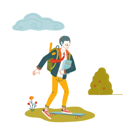 Boy going to school on skateboard  Illustration